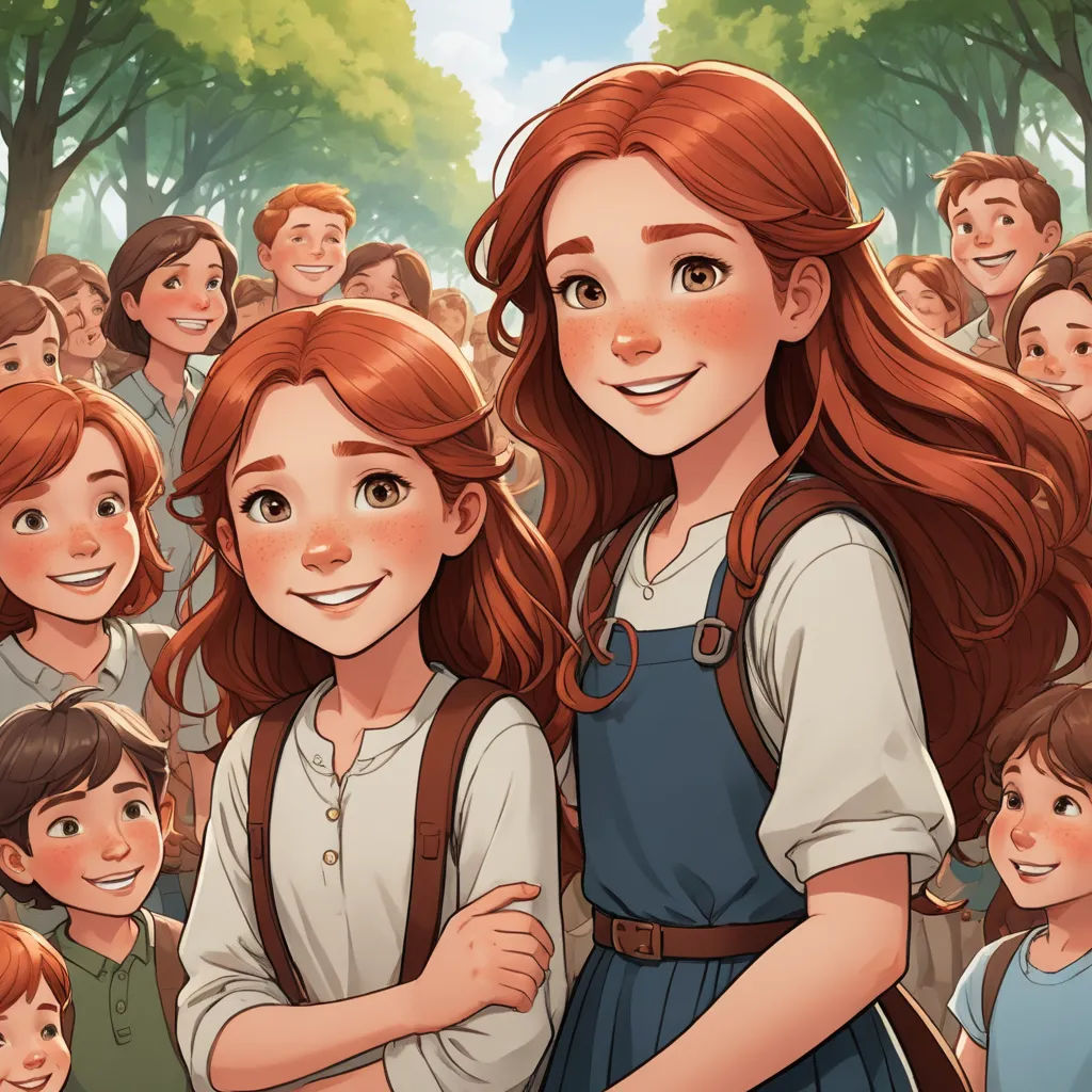a cartoon of a girl standing in front of a crowd of people with a red hair and a brown backpack, serial art, a storybook illustration, Anne Said, official art