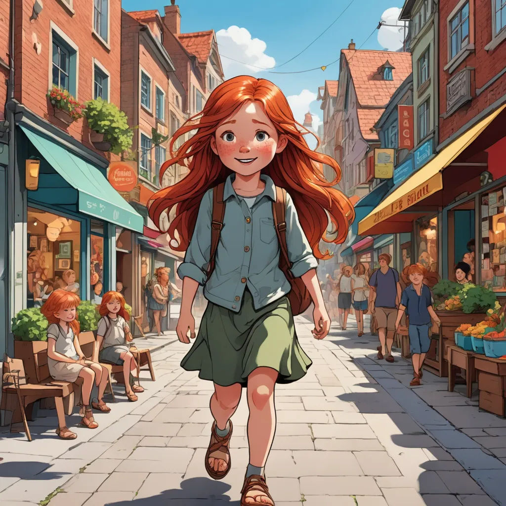 a girl walking down a street in a town with people sitting on benches and tables in the background and a woman with red hair, paris school, a storybook illustration, Cliff Childs, official art