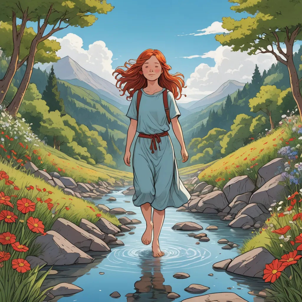 a girl walking down a stream in a forest with flowers and rocks on either side of her body and a mountain in the background, fantasy art, a storybook illustration, Christophe Vacher, official art