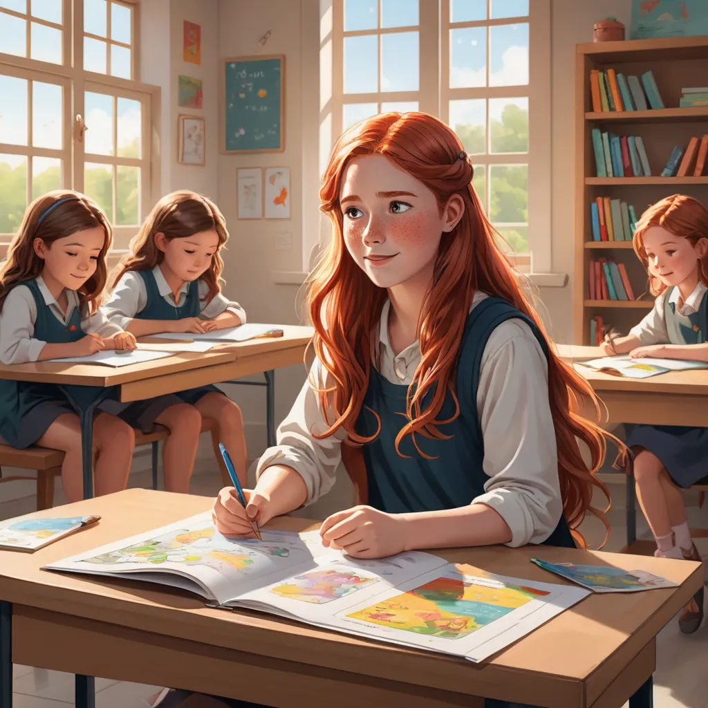 a painting of a girl sitting at a desk with a book and pencil in her hand and two other girls sitting at desk behind her, fantasy art, a storybook illustration, Cyril Rolando, trending on art station