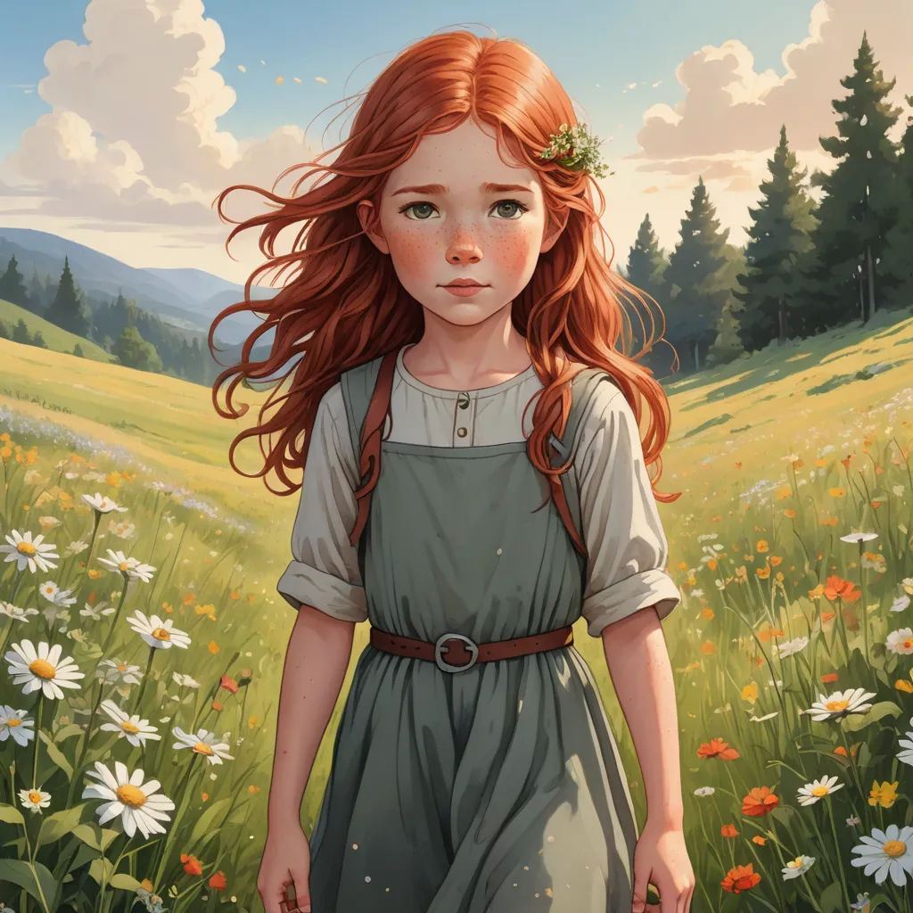 a painting of a girl in a field of flowers with a sky background and clouds in the background, with a sunlit meadow and a few white daisies, fantasy art, a detailed painting, Charlie Bowater, trending on art station