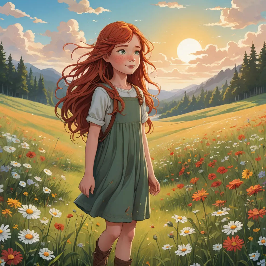 a painting of a girl in a field of flowers with a sunset in the background and a mountain range in the distance, fantasy art, a storybook illustration, Cyril Rolando, trending on art station