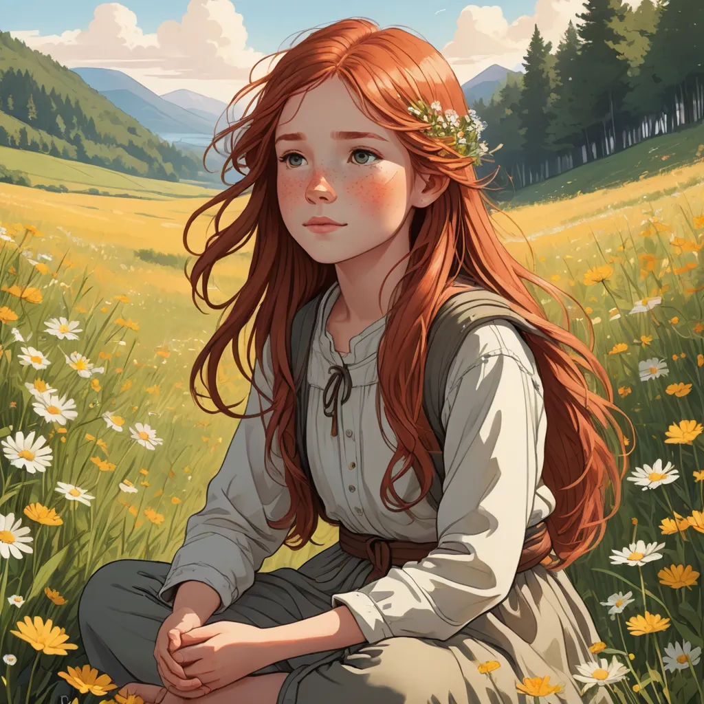 a painting of a girl sitting in a field of flowers with a mountain in the background and a sky with clouds, fantasy art, a storybook illustration, Charlie Bowater, trending on art station