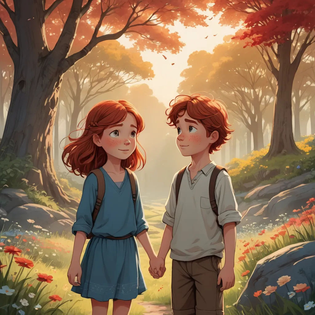 a boy and a girl are standing in a forest holding hands and looking at each other with a bright light shining on them, fantasy art, a storybook illustration, Cyril Rolando, storybook illustration