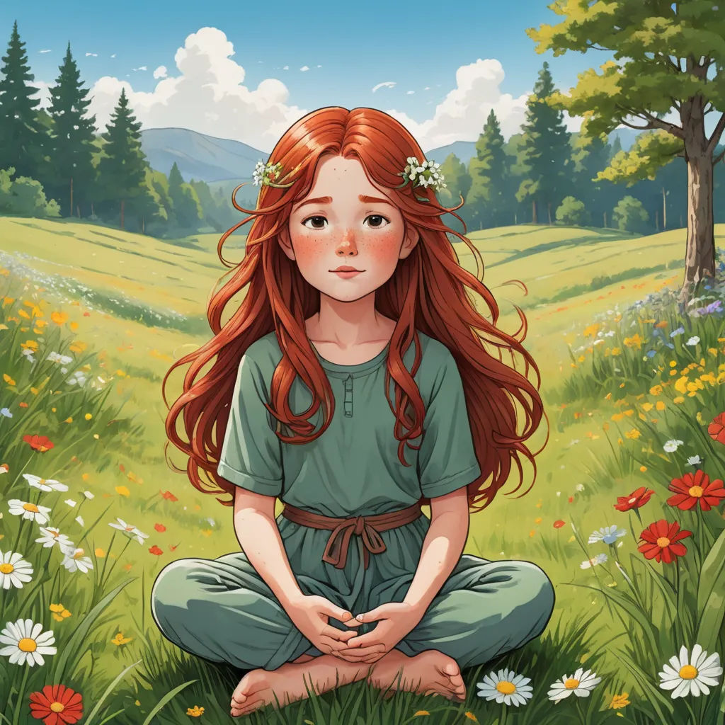 a girl sitting in a field with flowers on her head and a forest in the background with a sky and clouds, fantasy art, a character portrait, Elinor Proby Adams, official art