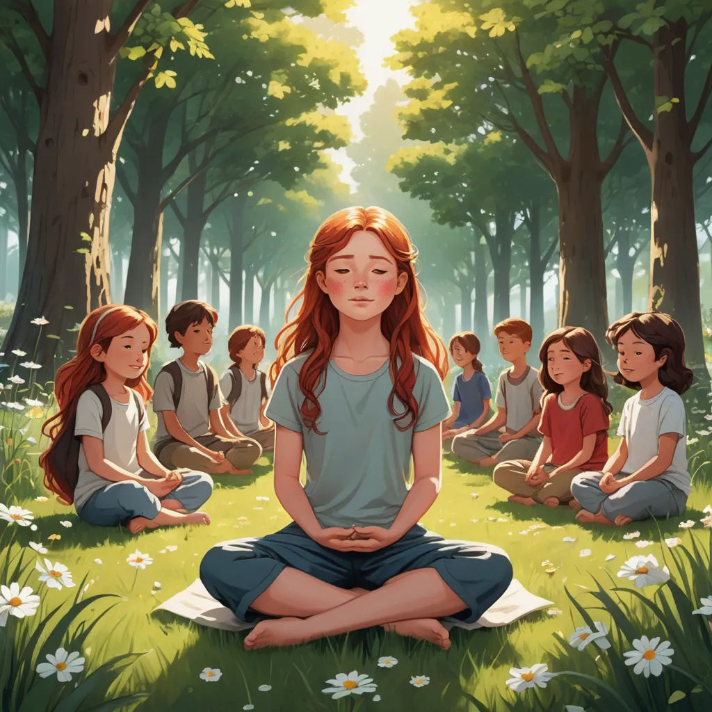 a painting of a girl sitting in a forest with her hands in her stomach and a group of other children sitting in the background, vancouver school, a storybook illustration, Aaron Jasinski, official art
