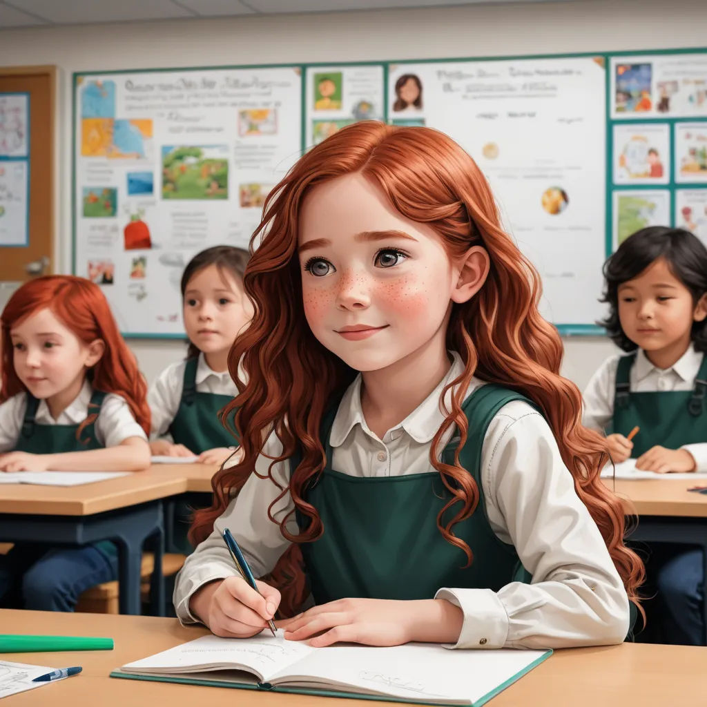 a painting of a girl sitting at a desk with a book and pencil in her hand and other children behind her, hyperrealism, a hyperrealistic painting, Claire Falkenstein, ultra realistic illustration