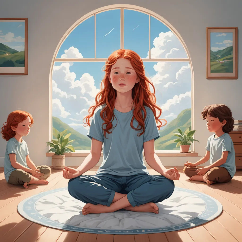 a painting of a girl sitting in a yoga position with two other children sitting on the floor in front of a window, figurativism, a storybook illustration, Aaron Jasinski, trending on art station