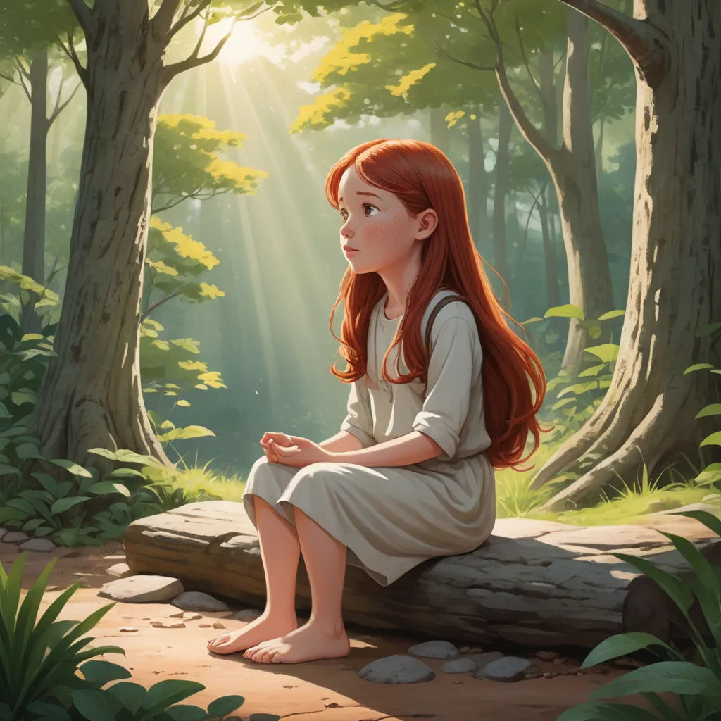 a painting of a girl sitting on a log in a forest with sunlight streaming through the trees and leaves, fantasy art, a storybook illustration, Cliff Childs, rossdraws global illumination