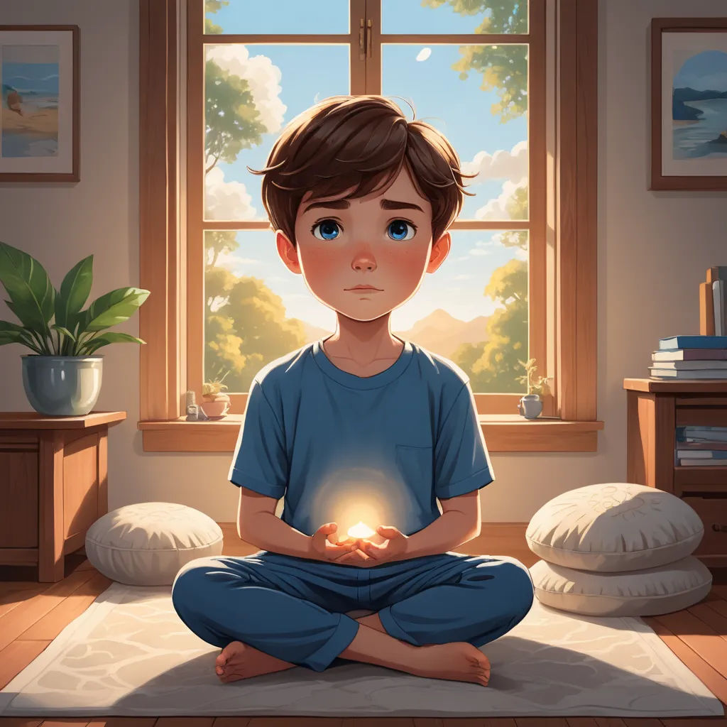 a boy sitting in a room with a light in his hands and a potted plant in the corner, light and space, a storybook illustration, Diego Gisbert Llorens, rossdraws global illumination