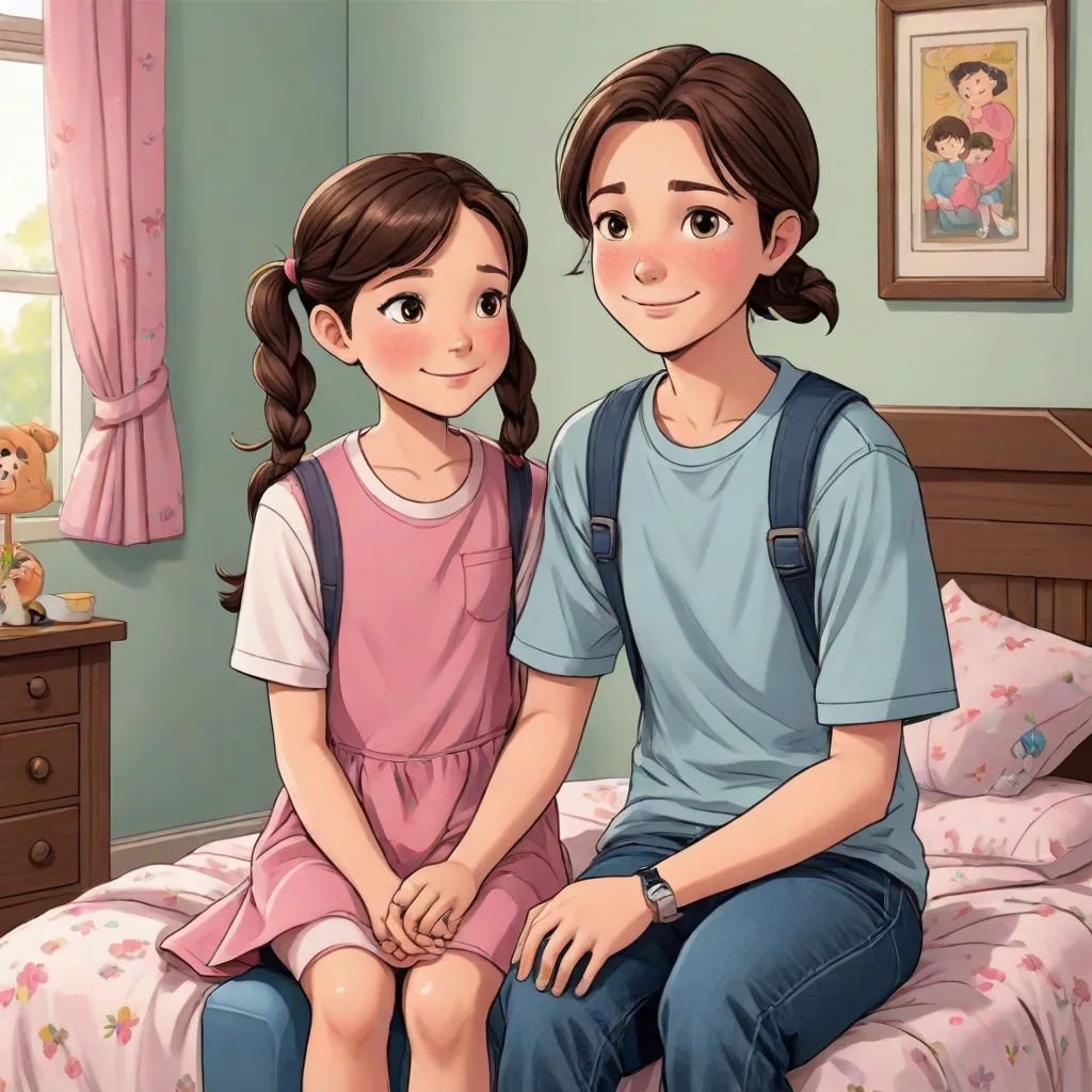 a boy and girl sitting on a bed in a bedroom with a teddy bear on the bed and a teddy bear on the wall, remodernism, a storybook illustration, Andrew Law, official art