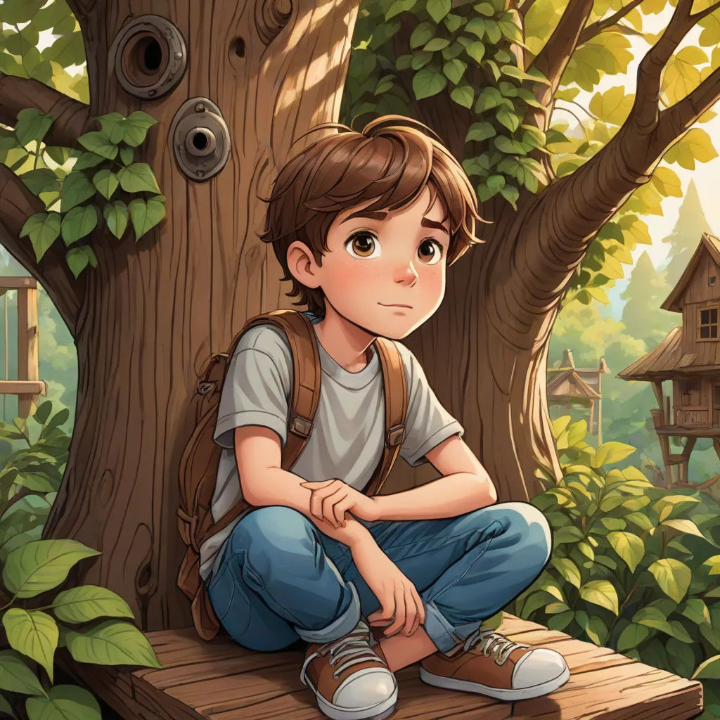 a boy sitting on a bench in the forest with a tree house in the background illustration by alex krapf, fantasy art, a storybook illustration, Diego Gisbert Llorens, rossdraws global illumination