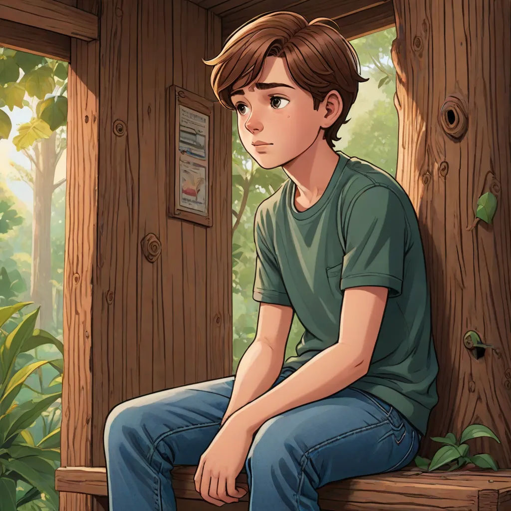 a boy sitting on a bench in a cabin looking out the window at the forest and trees outside of the cabin, sots art, a storybook illustration, Cliff Childs, official art