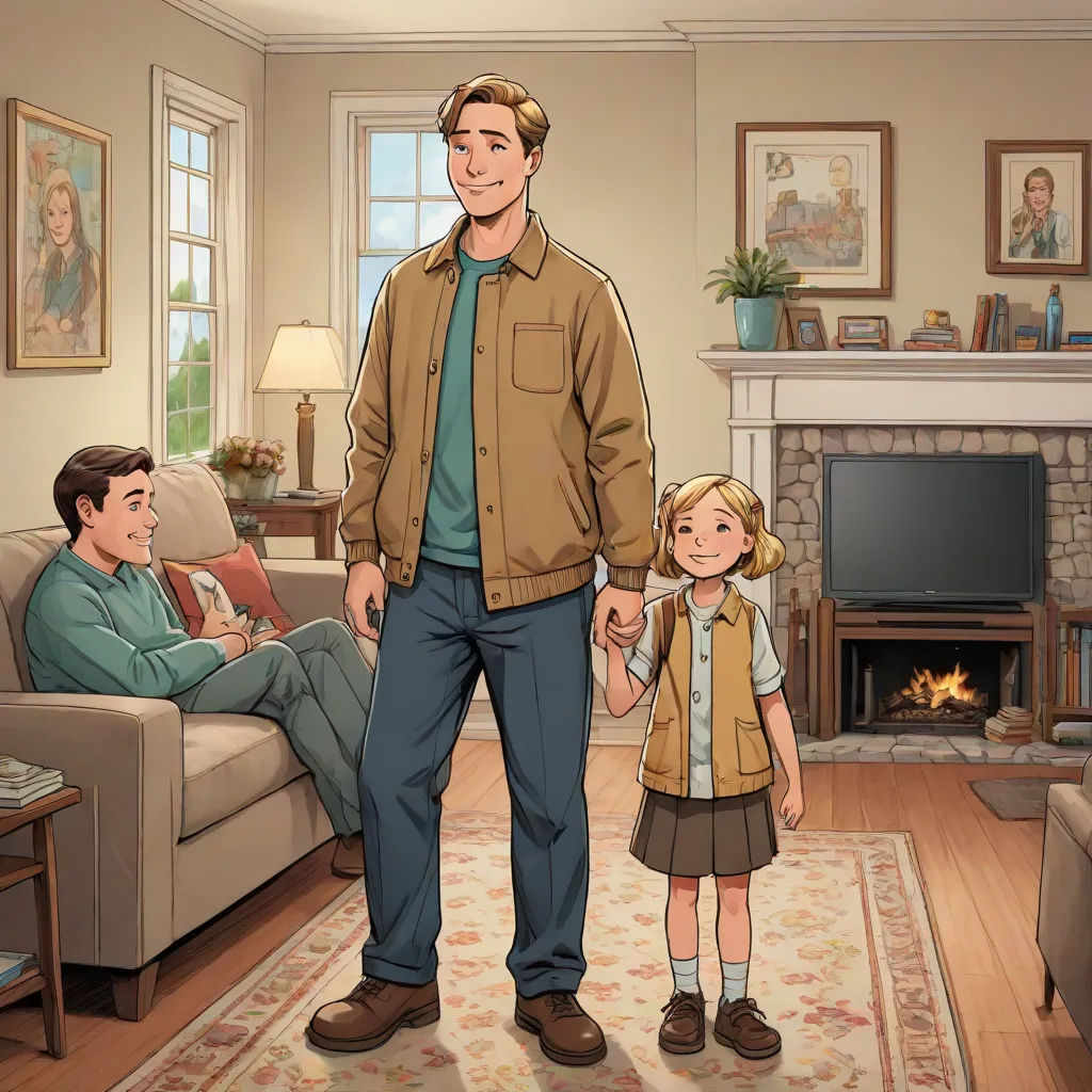 a man and a little girl standing in a living room holding hands and looking at a man holding a book, american scene painting, a storybook illustration, F Scott Hess, official art