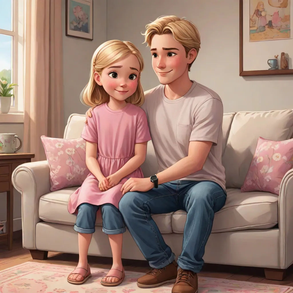 a man and a little girl sitting on a couch in a living room together, looking at the camera, sots art, a stock photo, disney, official art