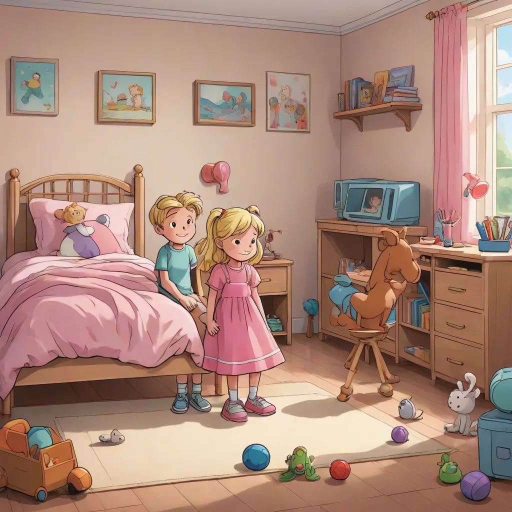 a girl and a boy are standing in a bedroom with a bed and toys on the floor and a desk, american scene painting, a storybook illustration, Caroline Lucy Scott, storybook illustration