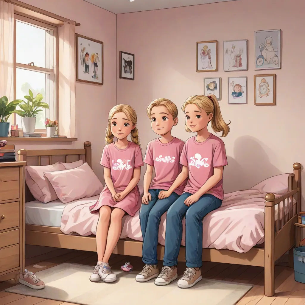 three girls sitting on a bed in a pink room with pink walls and pictures on the wall behind them, american scene painting, a storybook illustration, Caroline Lucy Scott, official art