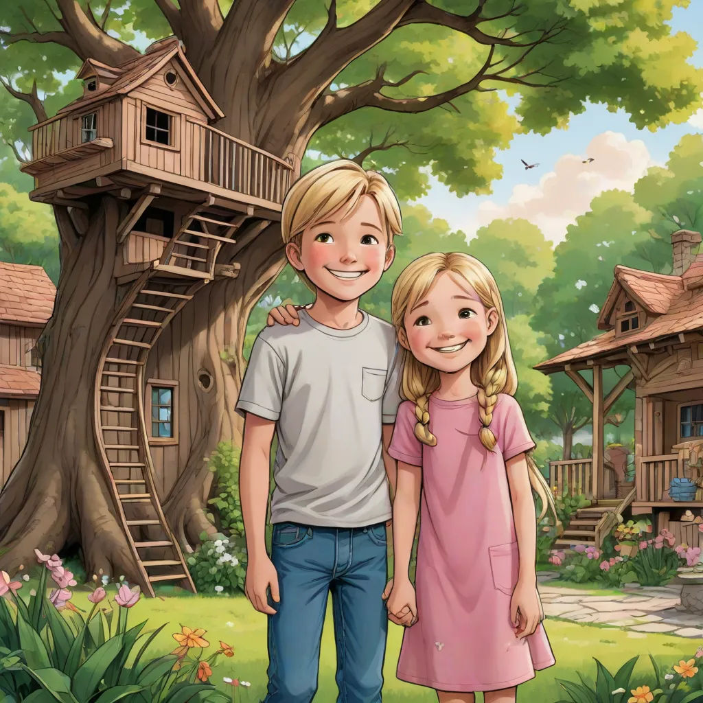 a boy and a girl standing in front of a tree house with a ladder on it's roof, american scene painting, a storybook illustration, Cliff Childs, storybook illustration