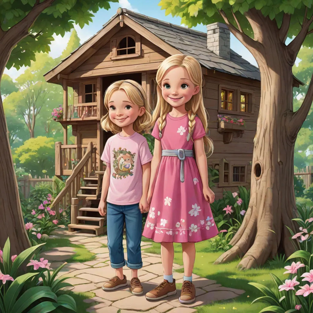 a painting of two girls standing in front of a tree house with a porch and stairs leading to the upper level, american scene painting, a storybook illustration, Bob Byerley, kinkade