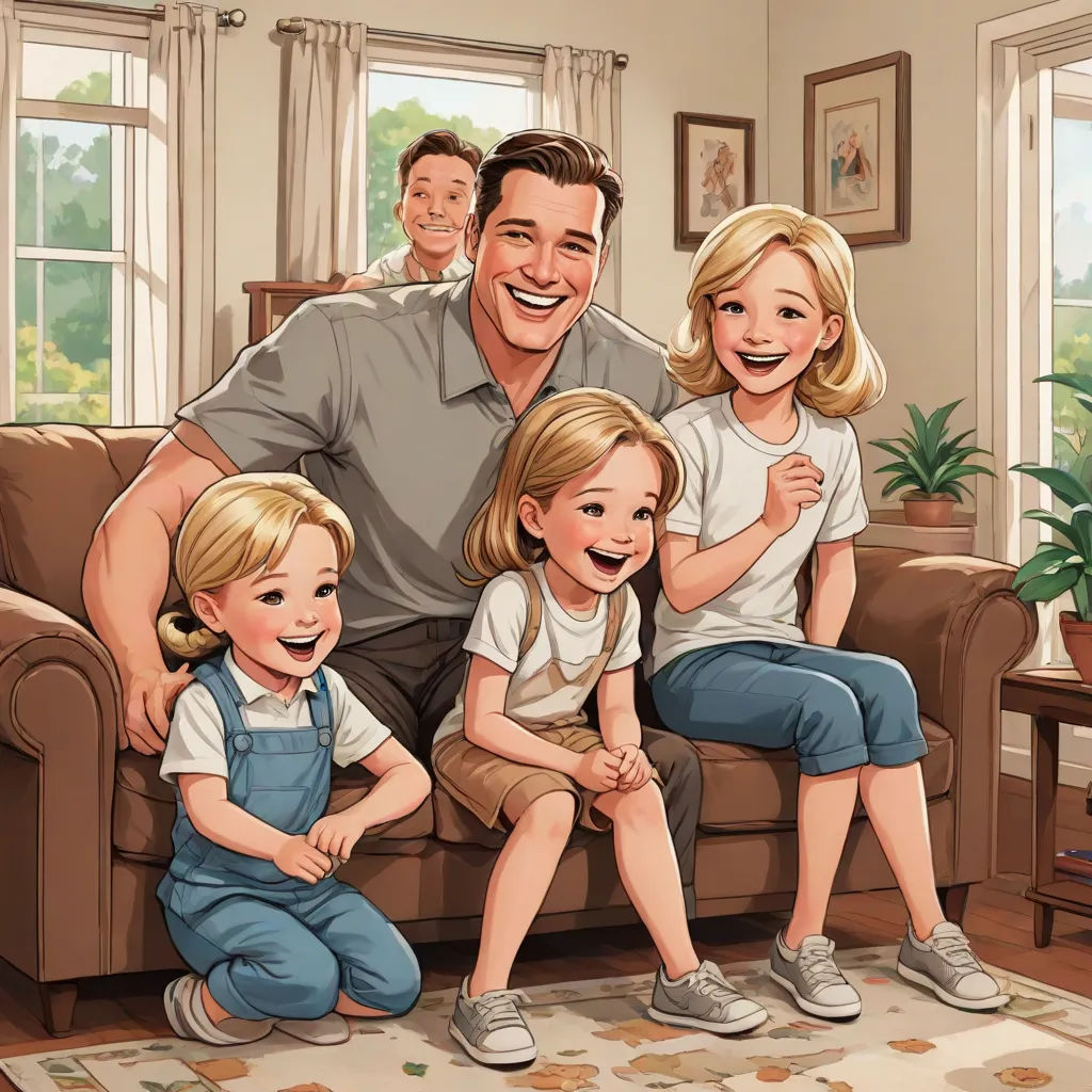 a man and two children sitting on a couch with their dad and two children smiling at the camera and a man standing behind them, american realism, a storybook illustration, F Scott Hess, storybook illustration