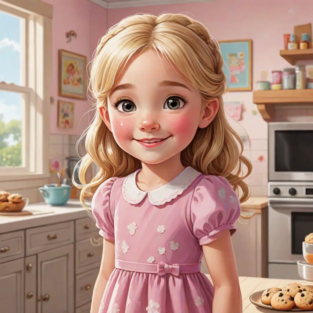 a little girl standing in a kitchen next to a table with cookies on it and a plate of cookies, photorealism, a digital rendering, Caroline Lucy Scott, cgstudio