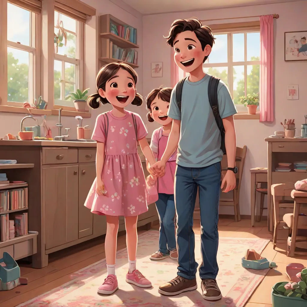 a man and two girls holding hands in a room with a pink rug and a pink rug on the floor, danube school, a storybook illustration, Chris LaBrooy, rossdraws global illumination