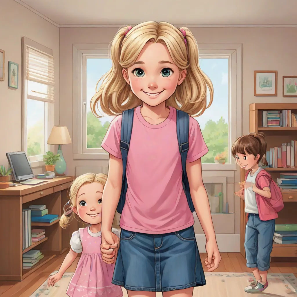 a girl and a girl holding hands in a room with a bookcase and a window in the background, american scene painting, a storybook illustration, Caroline Lucy Scott, storybook illustration