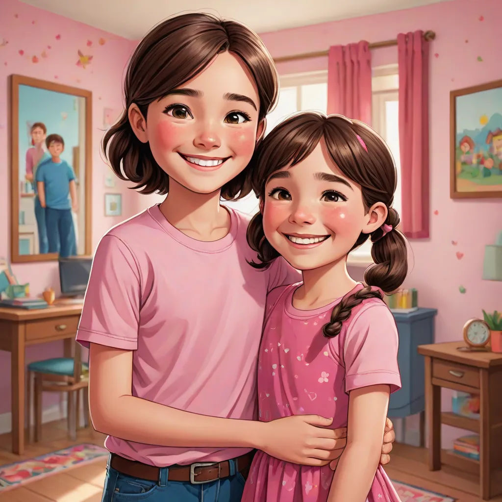 a girl and a boy are hugging in a room with pink walls and a pink rug on the floor, photorealism, a storybook illustration, Alejandro Burdisio, official art