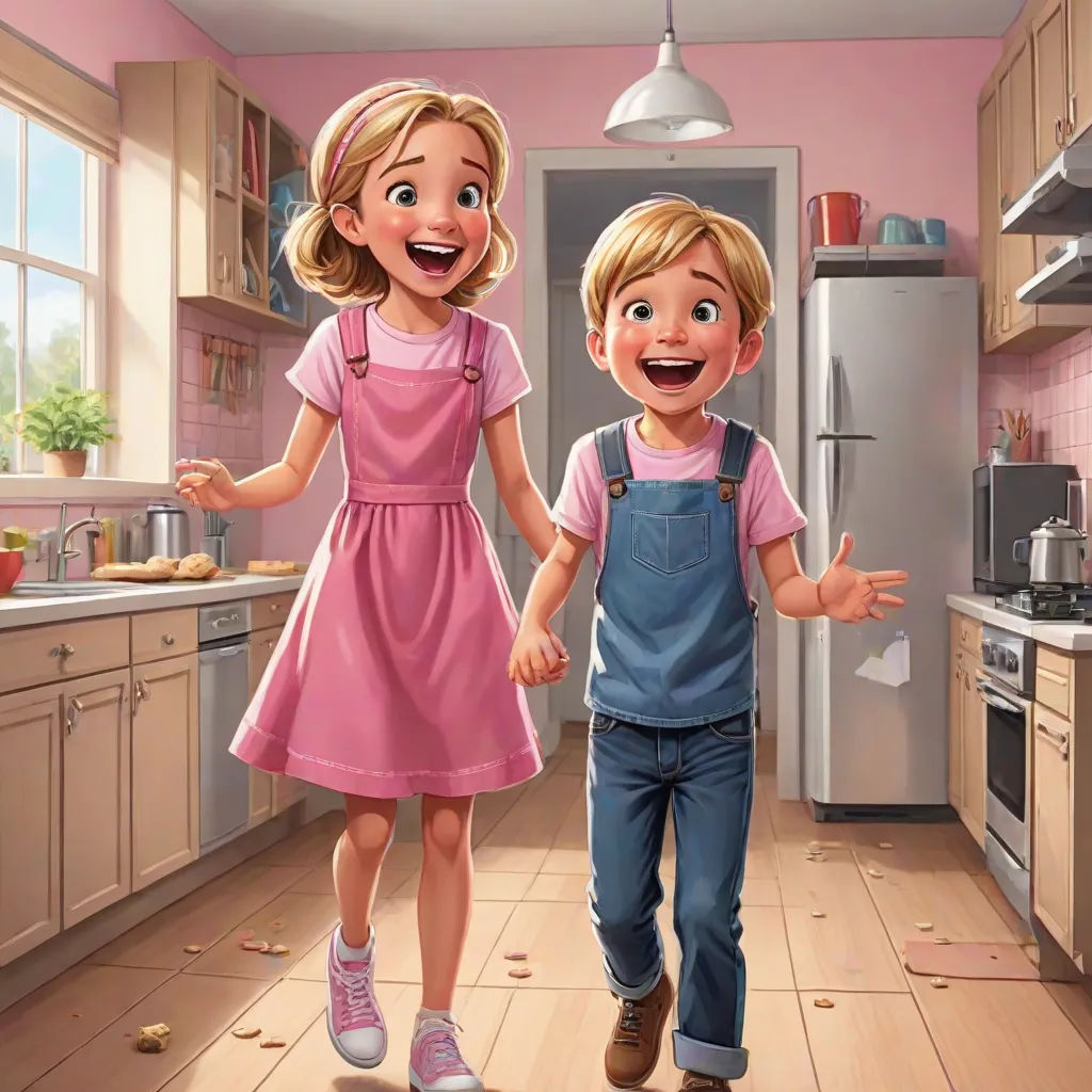 a boy and a girl are walking in a kitchen together, the girl is holding her hand out to the boy, american scene painting, a storybook illustration, Brothers Hildebrandt, official art