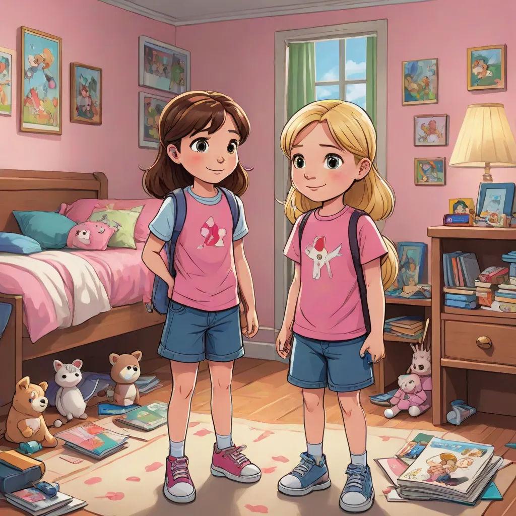 two young girls standing in a bedroom with a bookcase and a bed in the background and a bookcase with a book on the floor, remodernism, a storybook illustration, disney, official art