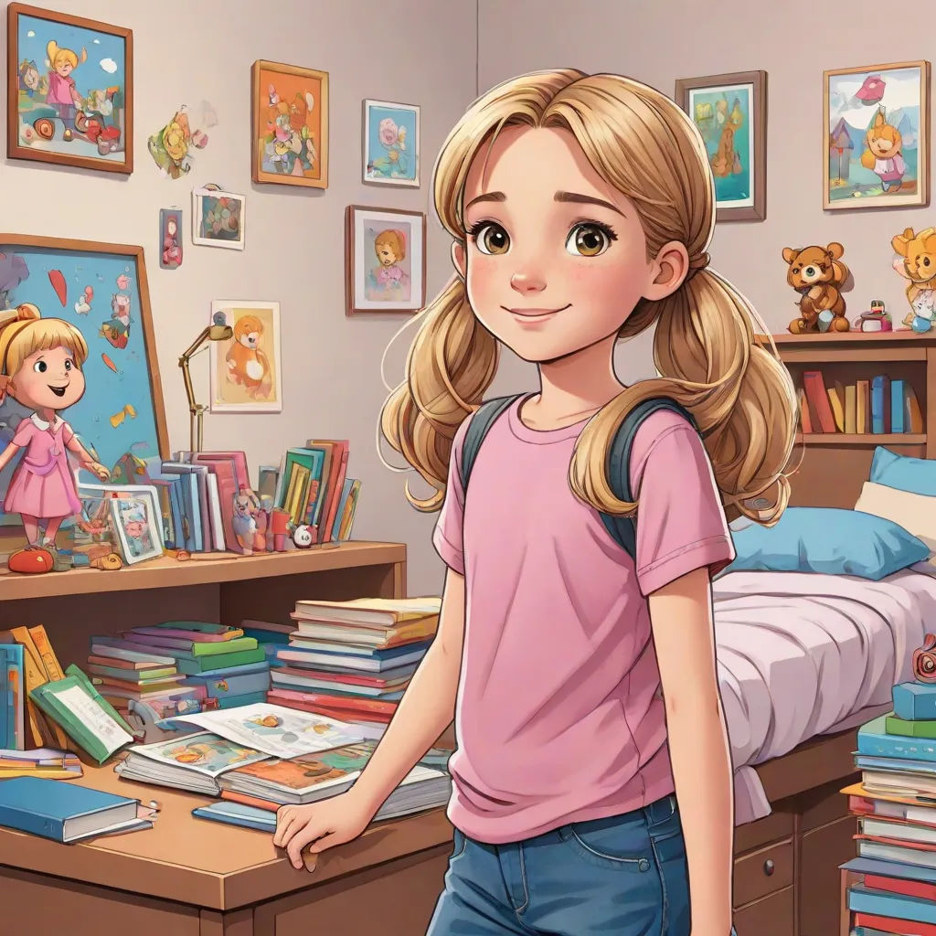 a girl standing in front of a desk with books and a teddy bear on it in a bedroom with a bed and a desk with a bookcase, photorealism, a storybook illustration, disney, cgstudio