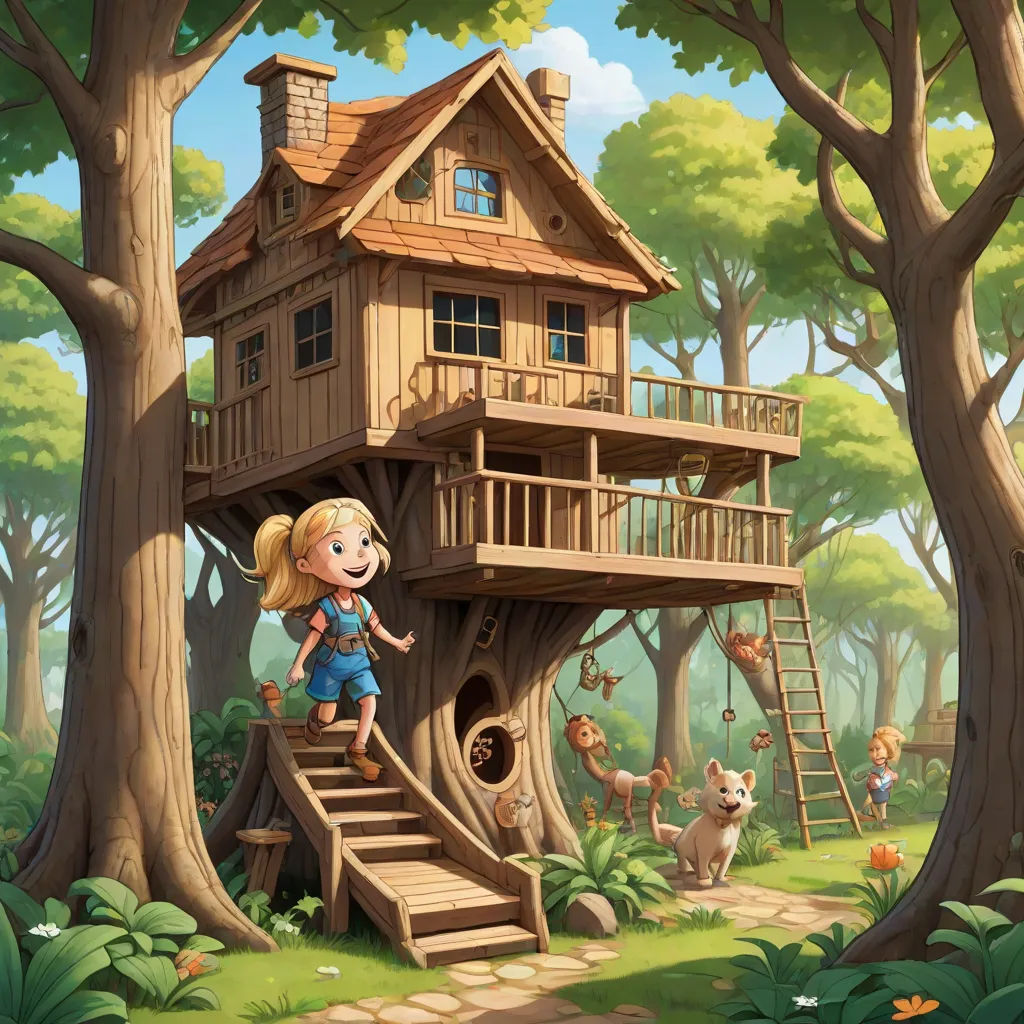 a girl standing on a tree house in the woods with animals around her and a dog on the ground, fantasy art, a storybook illustration, Chris LaBrooy, storybook illustration