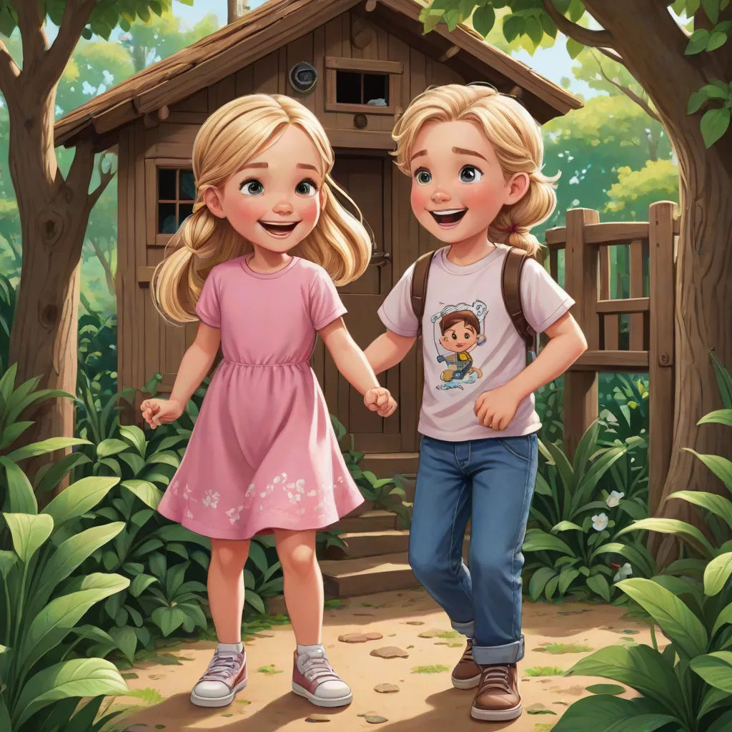 a couple of kids walking across a forest holding hands and smiling at the camera with a birdhouse in the background, american scene painting, a storybook illustration, Bob Byerley, storybook illustration