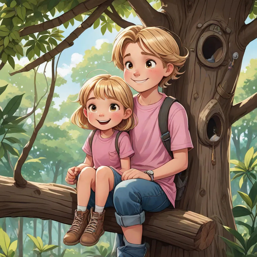 a boy and girl sitting on a tree branch in the forest with a bird nest in the tree behind them, fantasy art, a storybook illustration, Cliff Childs, storybook illustration