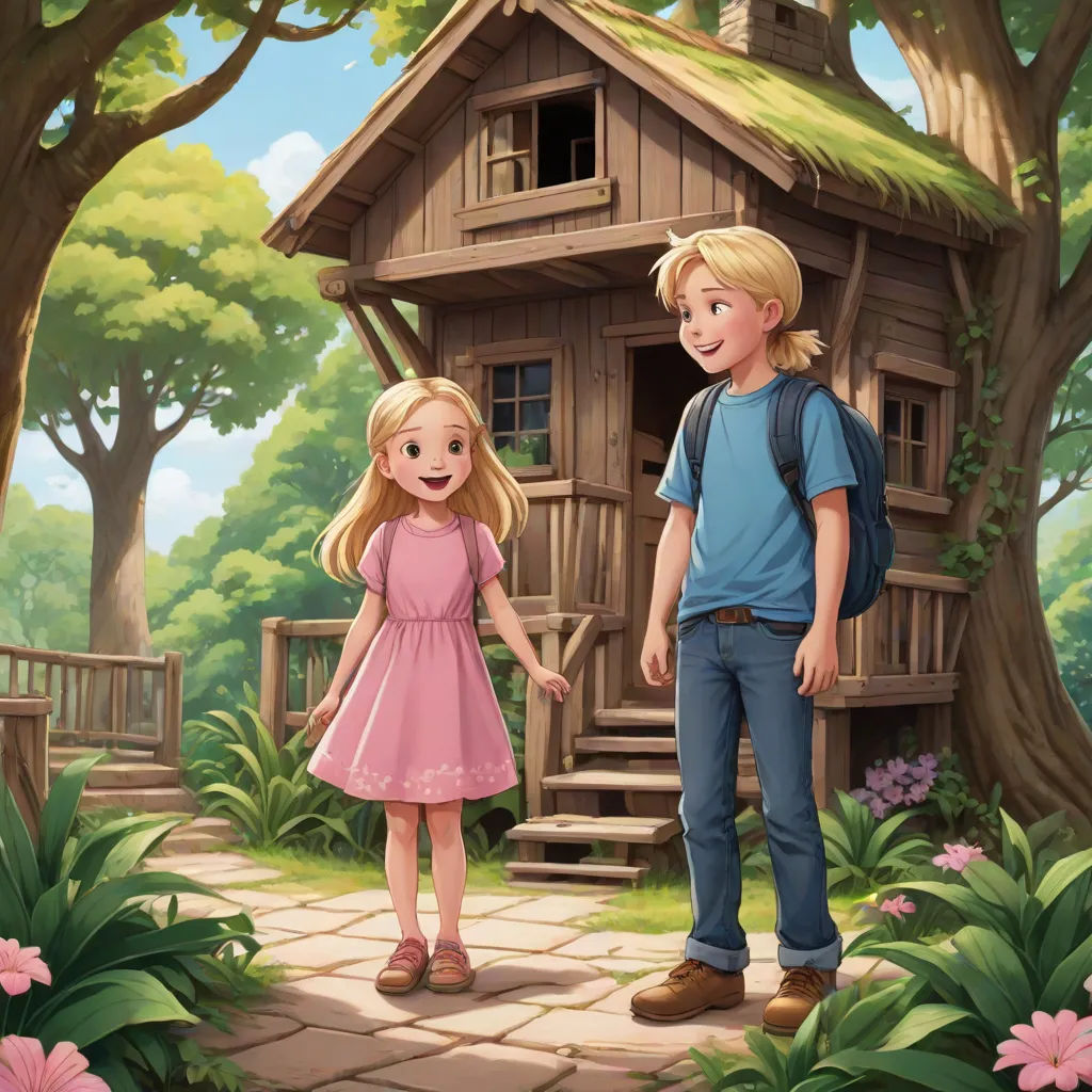 a boy and a girl standing in front of a tree house in the woods with a dog in the yard, american scene painting, a storybook illustration, Alice Prin, storybook illustration