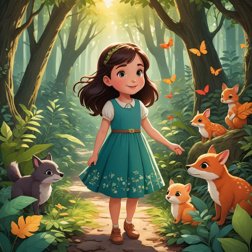 a little girl standing in the woods with her animals and butterflies around her, and a forest scene with a fox and a girl, fantasy art, a storybook illustration, Clarice Beckett, storybook illustration