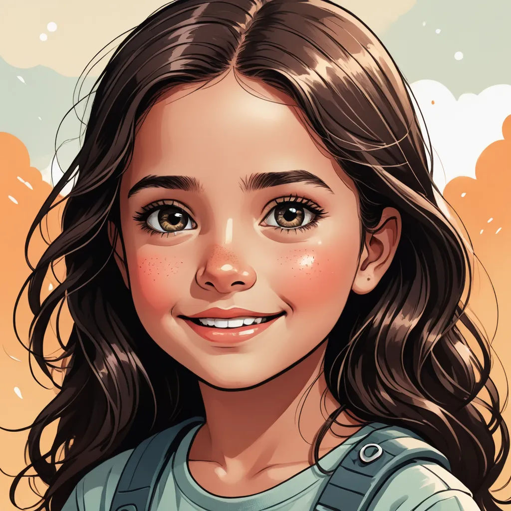 a digital painting of a girl with long hair and blue eyes smiling at the camera with clouds in the background, photorealism, an ultrafine detailed painting, Artgerm, trending on art station