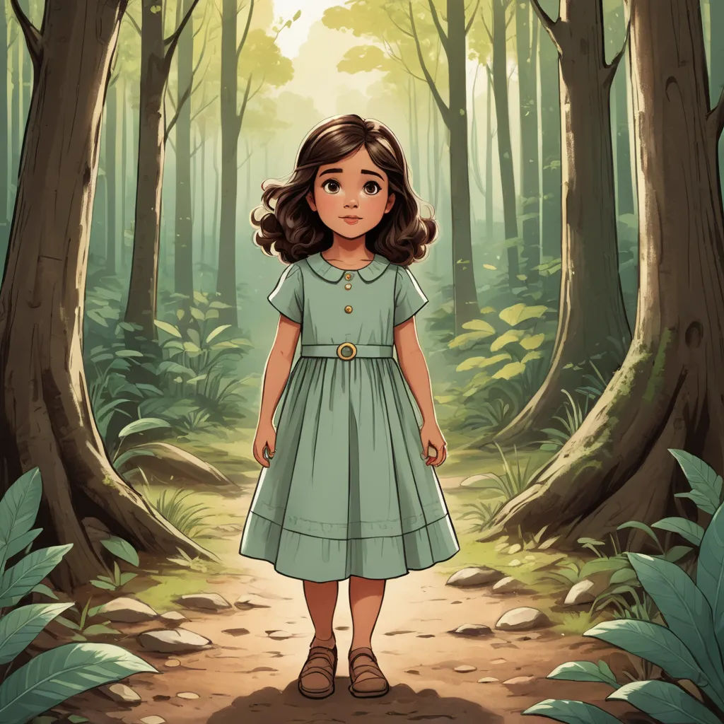 a little girl standing in the middle of a forest with a forest background and trees on both sides of the picture, magical realism, a storybook illustration, Clarice Beckett, storybook illustration
