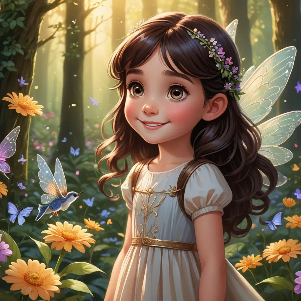 a little girl in a dress standing in a forest with butterflies around her and smiling at the camera with a butterfly in her hand, fantasy art, a storybook illustration, Cliff Childs, kinkade