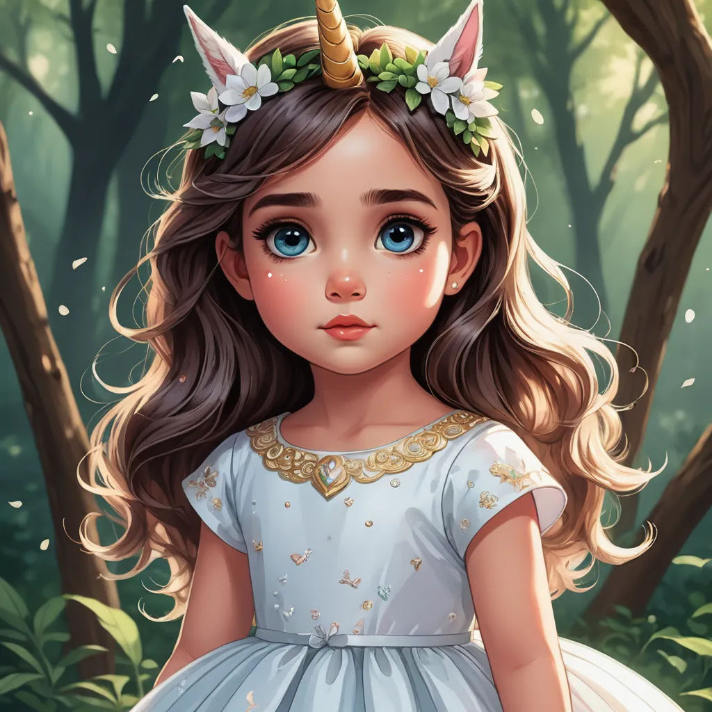 a little girl with a unicorn horn and a dress in a forest with trees and flowers on her head, fantasy art, an ultrafine detailed painting, Charlie Bowater, trending on art station