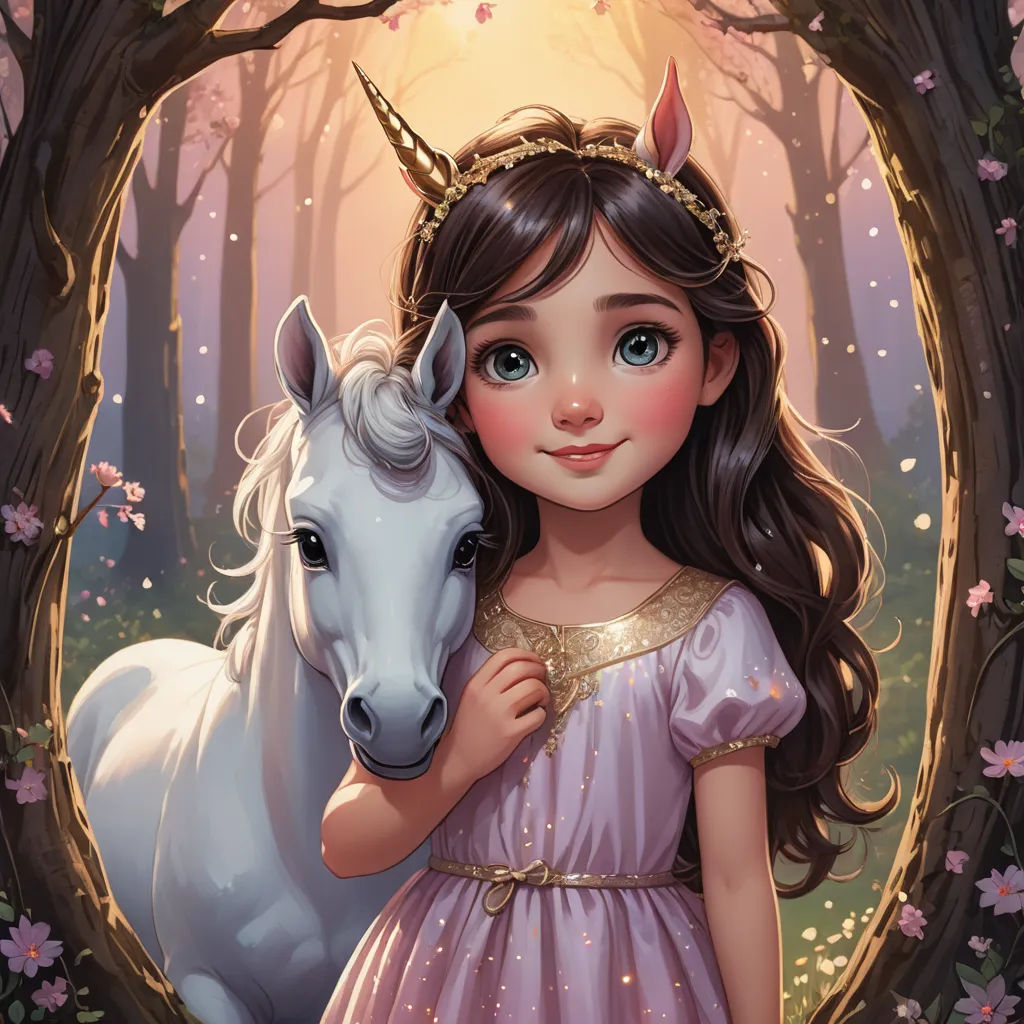 a girl in a dress holding a unicorn in a forest with flowers around her head and a tree with pink flowers around her, fantasy art, a storybook illustration, Artgerm, rossdraws global illumination
