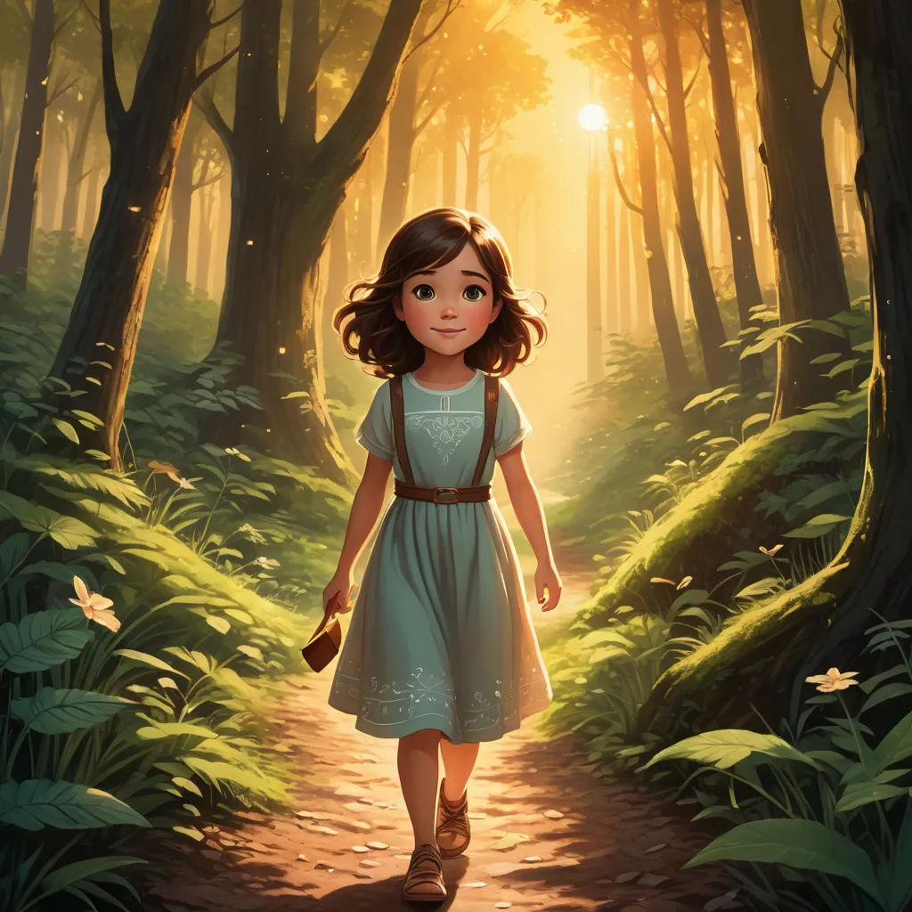a painting of a girl walking in the woods with a purse in her hand and a sun shining through the trees, fantasy art, a storybook illustration, Alice Prin, rossdraws global illumination