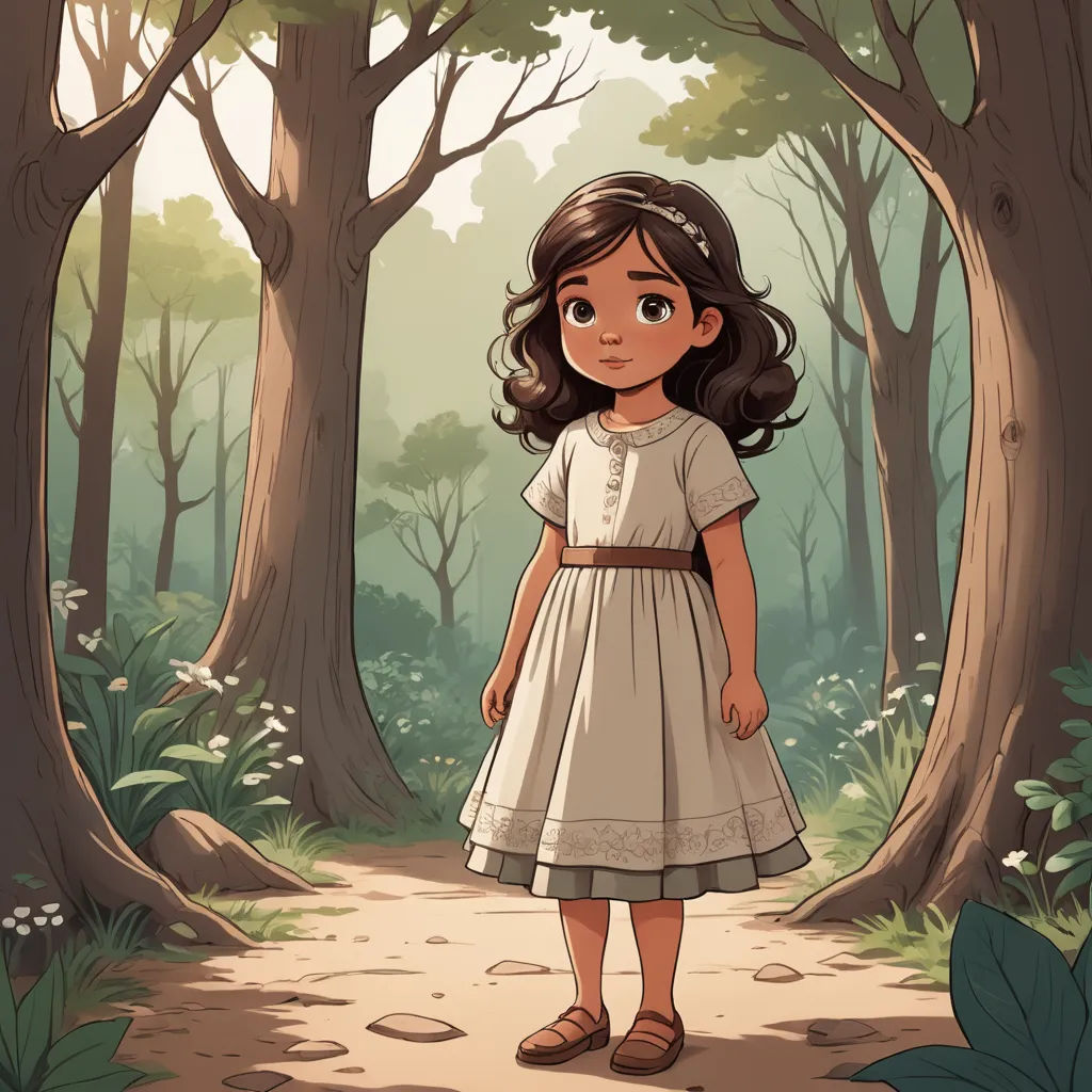 a little girl standing in the middle of a forest with trees and flowers on the ground, wearing a dress, process art, a storybook illustration, Clarice Beckett, storybook illustration