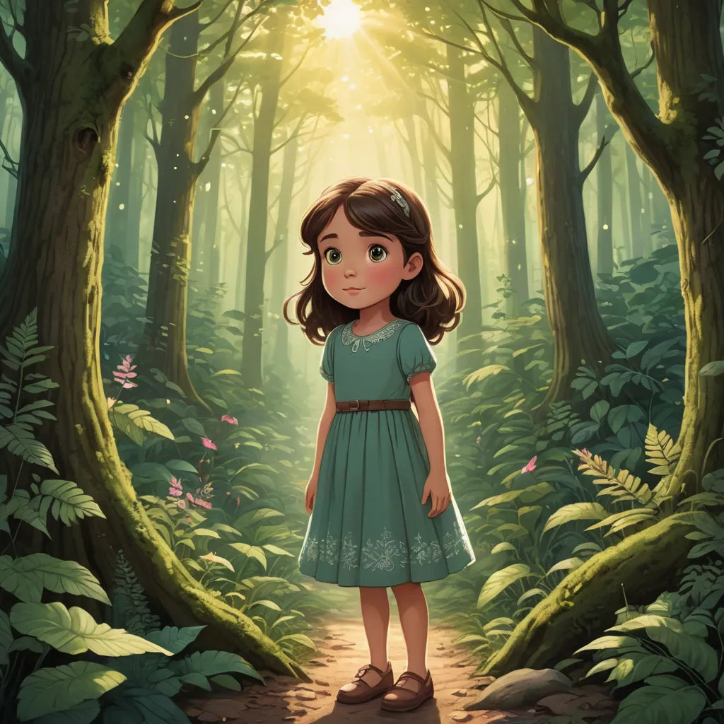 a girl standing in the middle of a forest with a sun shining through the trees behind her and a forest floor, magical realism, a storybook illustration, Alice Prin, rossdraws global illumination