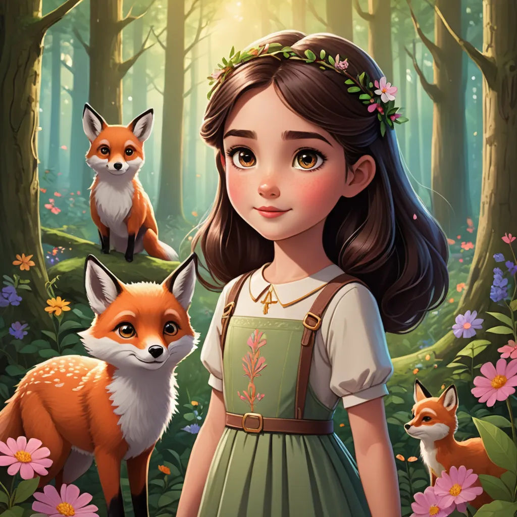 a girl in a forest with a fox and a fox cub in front of her, and a forest background, fantasy art, a storybook illustration, Clarice Beckett, official art