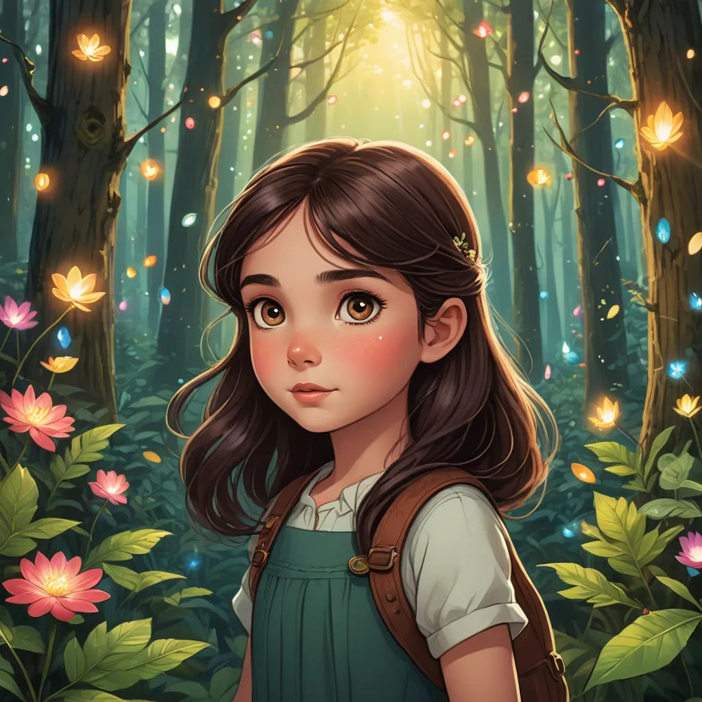 a girl in a forest with flowers and a light shining through the trees behind her is a forest with flowers and a girl with a backpack, fantasy art, a storybook illustration, Alice Prin, rossdraws global illumination