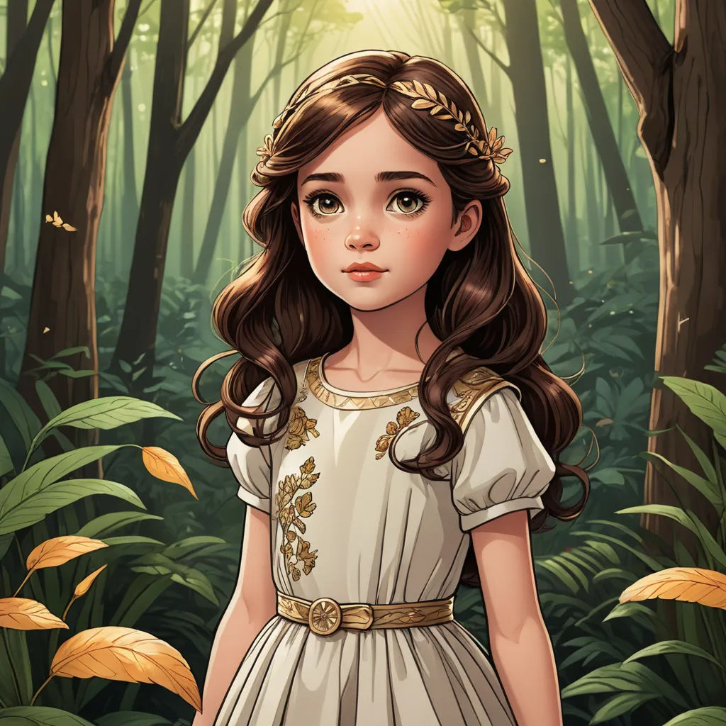 a girl in a white dress standing in a forest with leaves and a sunbeam in the background, with a golden crown on her head, fantasy art, a character portrait, Charlie Bowater, kinkade