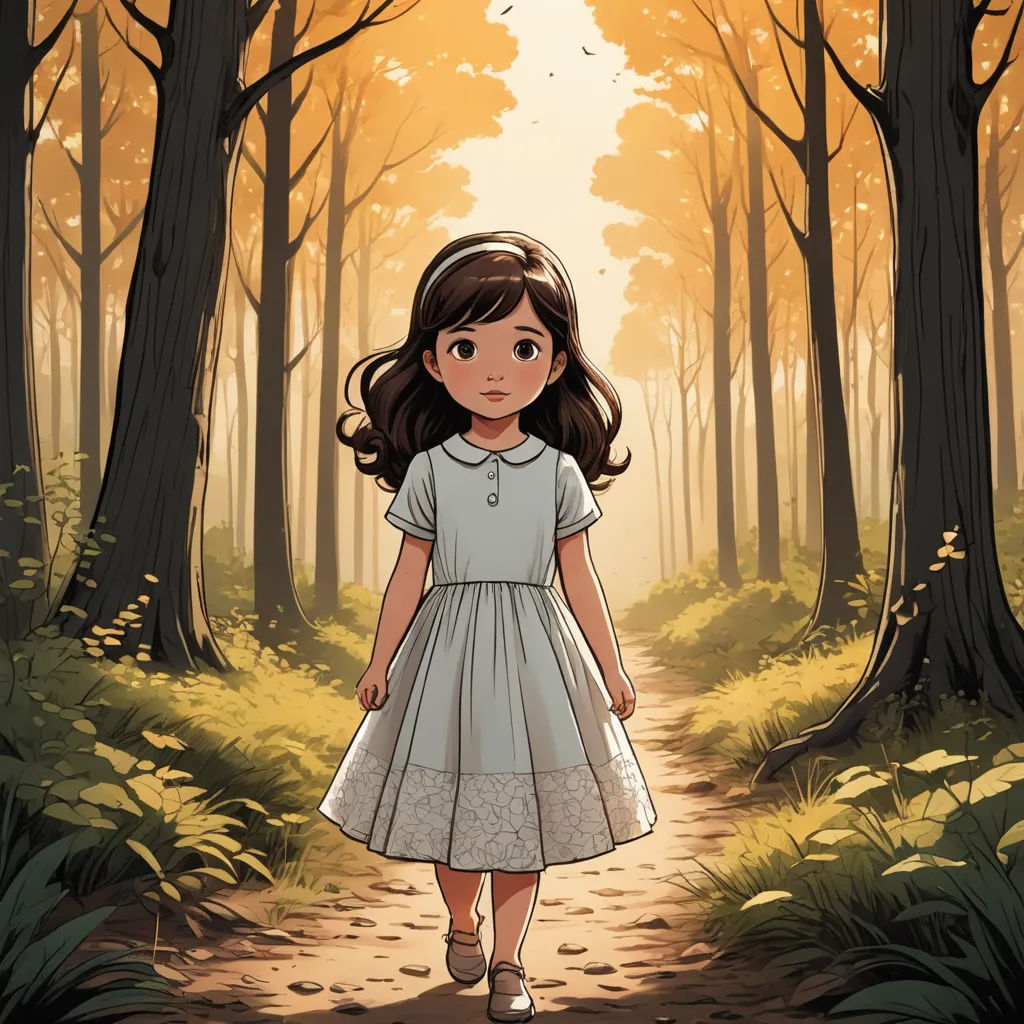a girl in a dress walking down a path in the woods with trees and grass on both sides of her, private press, a storybook illustration, Clarice Beckett, comic cover art