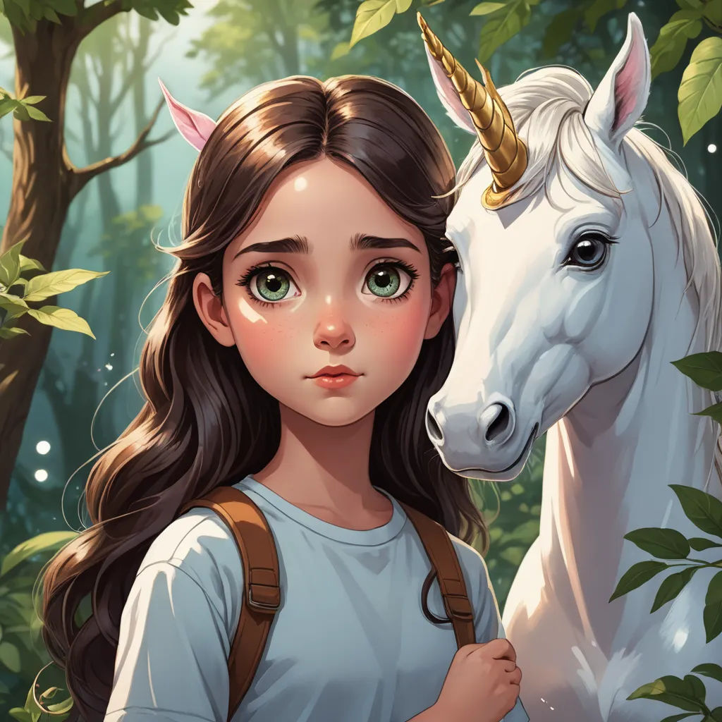 a girl with a backpack and a unicorn in the background is looking at the camera with a serious look on her face, fantasy art, a character portrait, Cyril Rolando, rossdraws global illumination