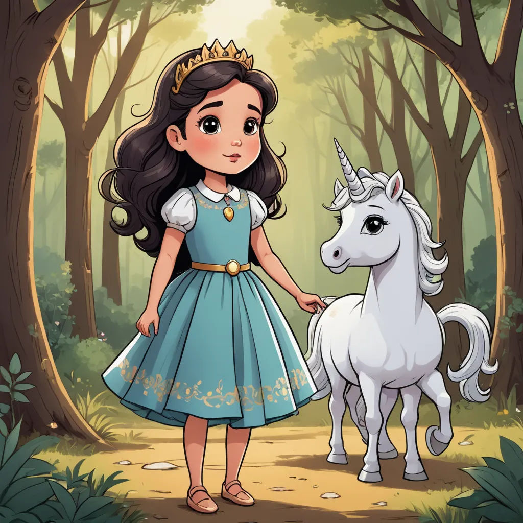 a girl in a blue dress standing next to a white unicorn in a forest with trees and leaves on the ground, fantasy art, a storybook illustration, Anne Stokes, storybook illustration
